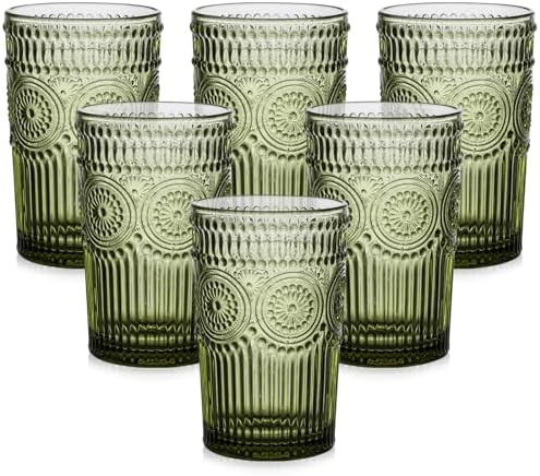ZMOWIPDL Vintage Glassware Drinking Glasses Set of 6,13 oz Green Textured Flower Design Glass Wat... | Amazon (US)
