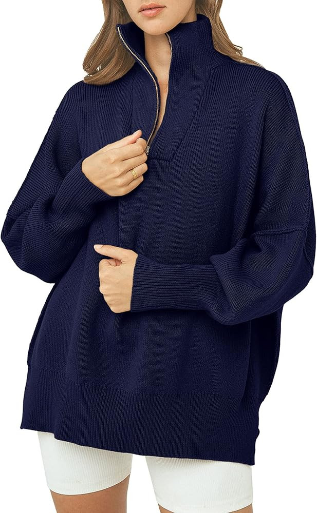 PRETTYGARDEN Women's Fall Pullover Oversized Sweaters Casual Long Sleeve Zip Up Lapel V Neck Knit... | Amazon (US)