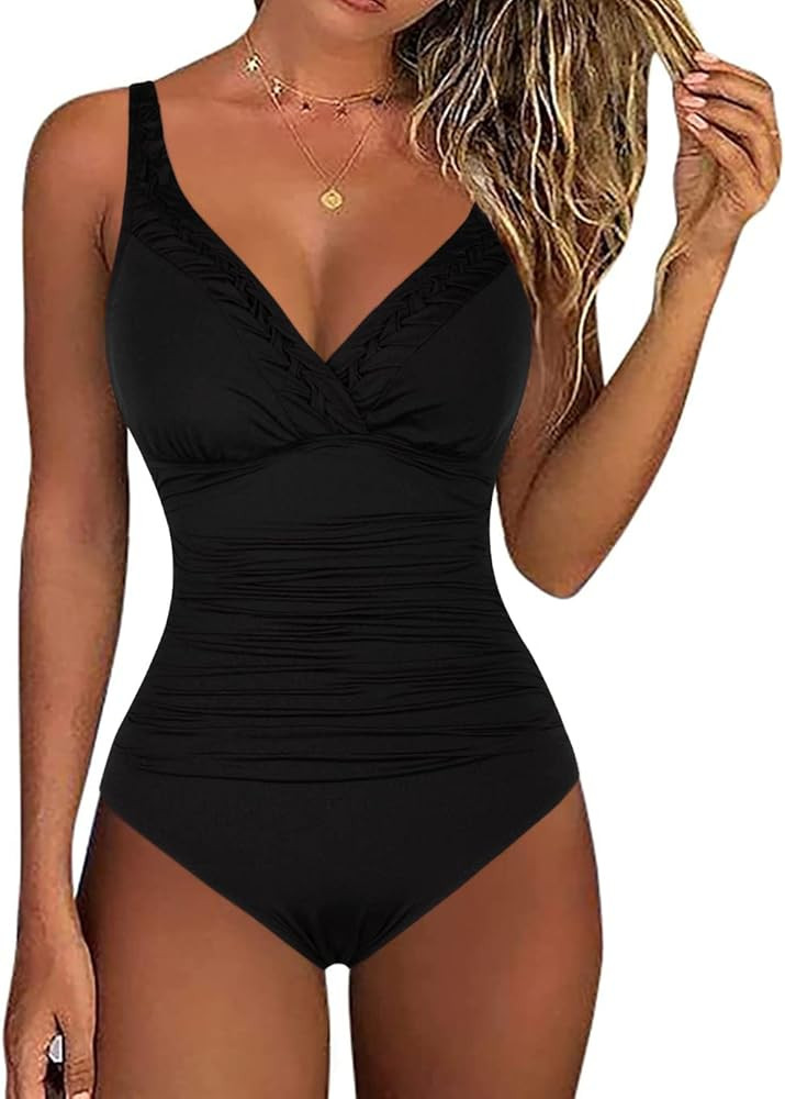 Hilor Women's One Piece Swimsuits Pin Tucked Surplice Swimwear Tummy Control Bathing Suits Monokinis | Amazon (US)