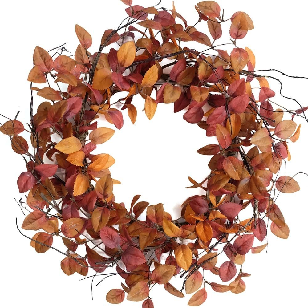 18" Fall Leaves Wreath for Front Door, Harvest and Thanksgiving Front Door Wreath with twig, Oran... | Amazon (US)