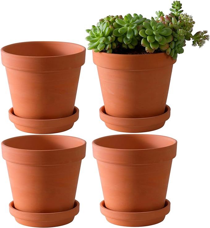 Large Terra Cotta Pots with Saucer- 4 Pack Large 6'' Terra Cotta Plant Pot with Drainage Hole, Fl... | Amazon (US)