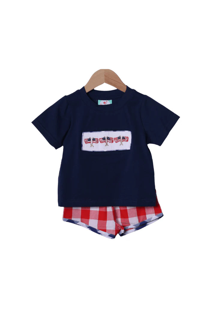 Smocked American Flag Red Buffalo Check Short Set | The Smocked Flamingo