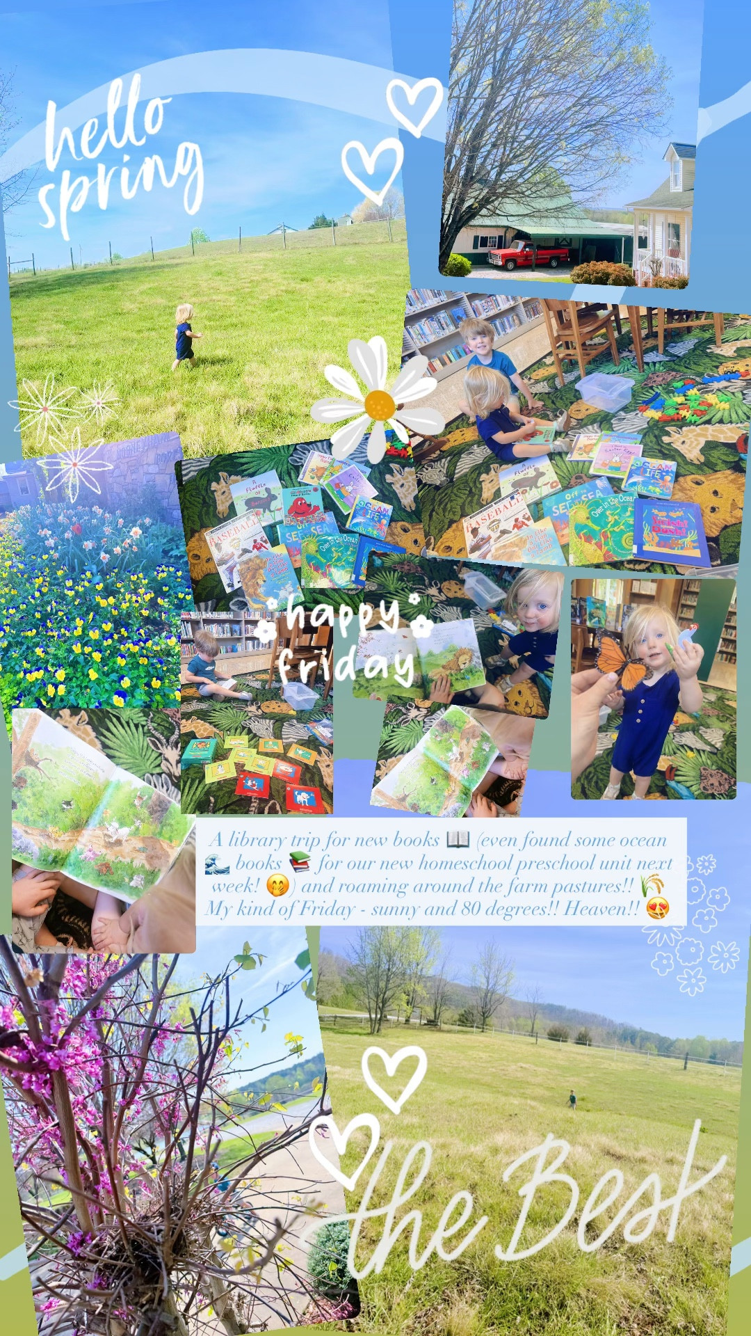 A library trip for new books 📖 (even found some ocean 🌊 books 📚 for our new homeschool preschool unit next week! 🤭) and roaming around the farm pastures!! 🌾 My kind of Friday - sunny and 80 degrees!! Heaven!! 😍