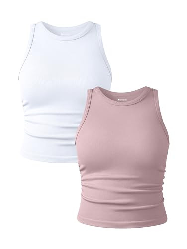 OQQ Women's 2 Piece Tank Tops Crew Neck Sleeveless Basic Stretch Casusal Yoga Crop Camis Hide Pink White | Amazon (US)