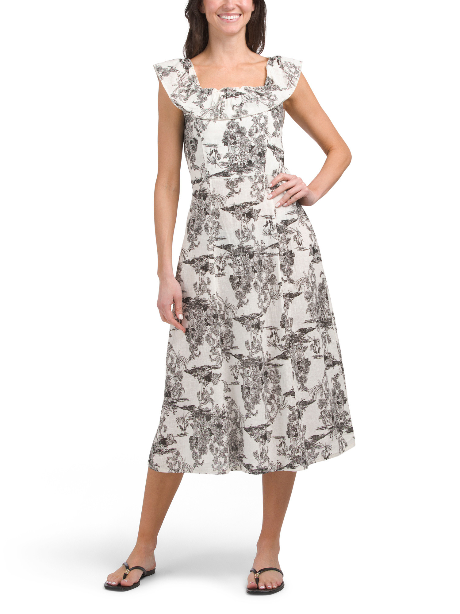 Made In Italy Linen Blend Ruffle Off The Shoulder Toile Print Dress | Casual Dresses  | Marshalls | Marshalls