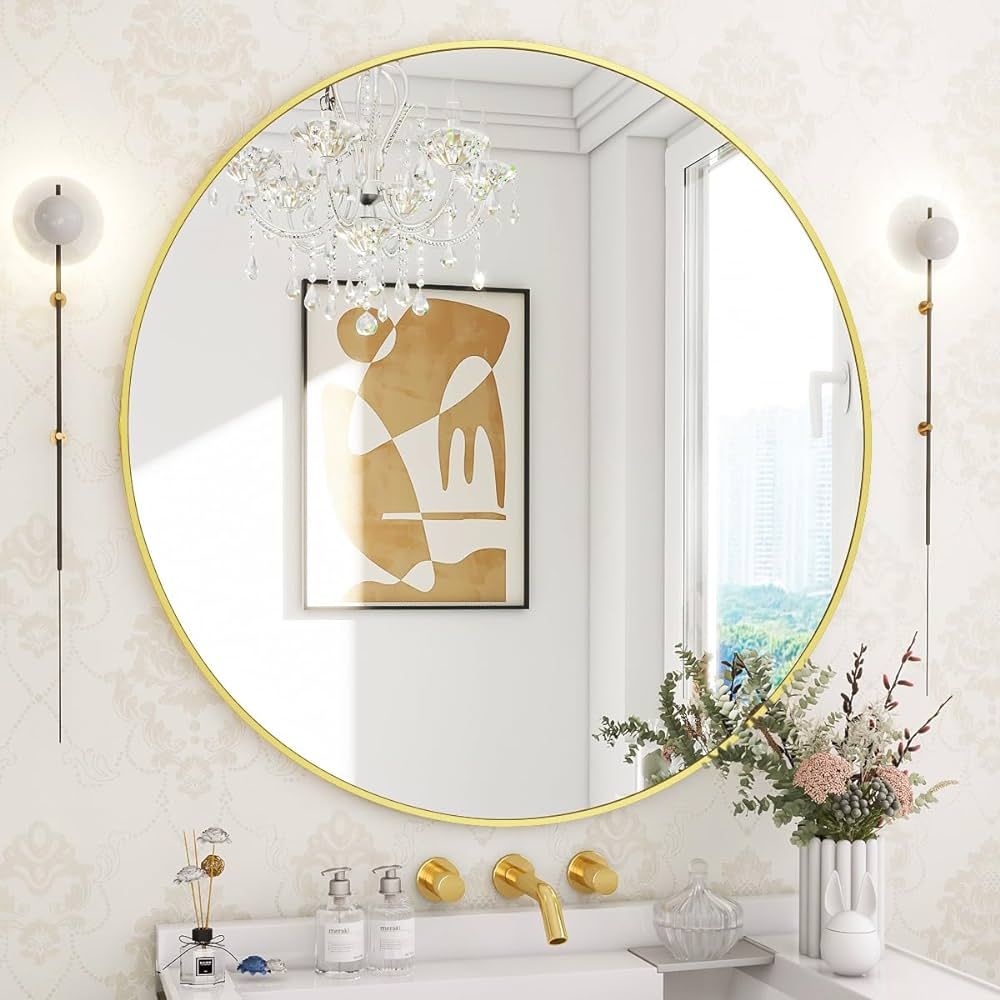 BEAUTYPEAK 30 Inch Round Mirror, Gold Metal Frame Circle Mirror, Wall Mirror for Entryway, Bathro... | Amazon (US)