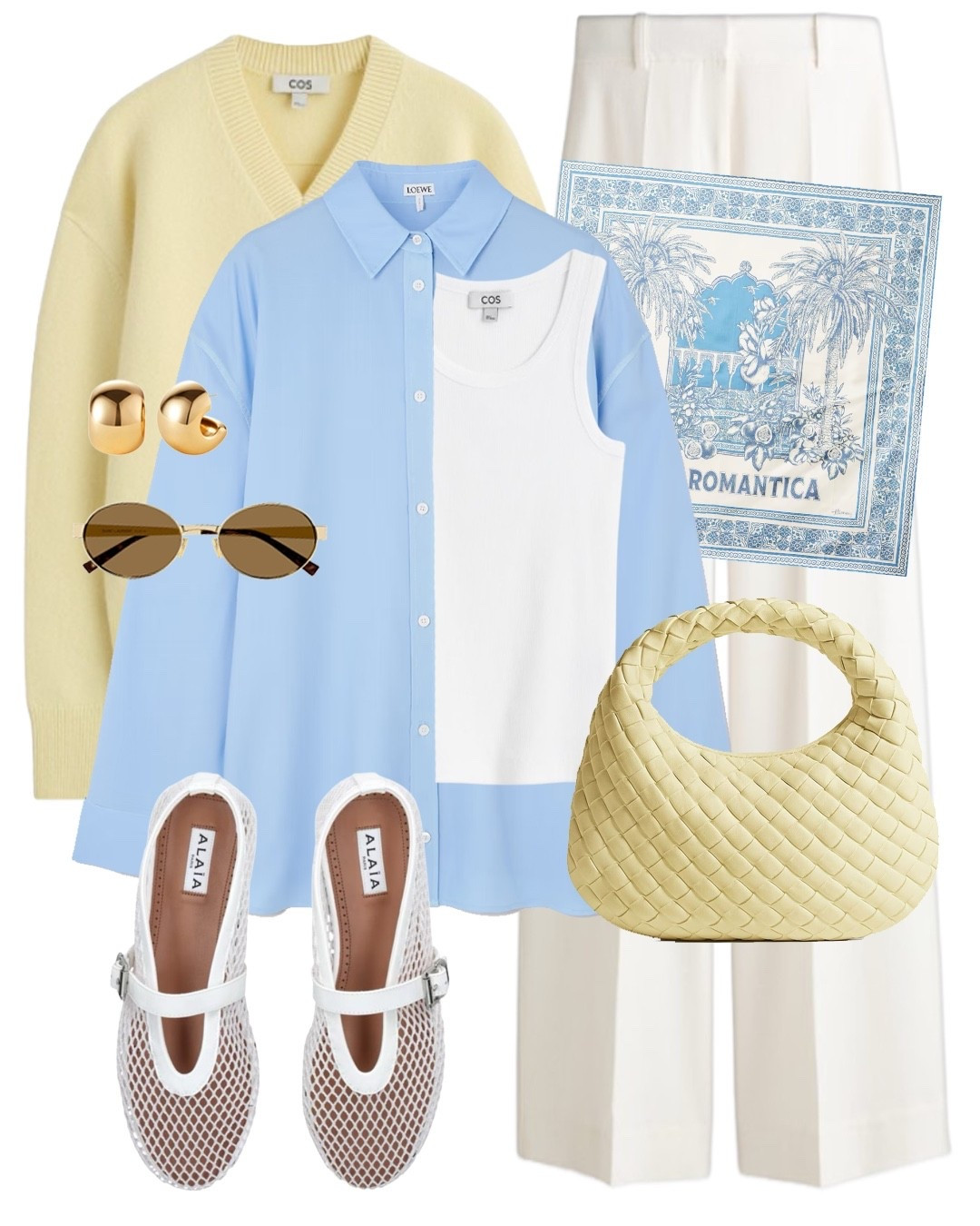 Yellow jumper white tailored trousers white perforated Mary Jane flats yellow woven bag blue shirt white vest top gold sunglasses casual chic outfit 

#LTKeurope #LTKuk #LTKspring