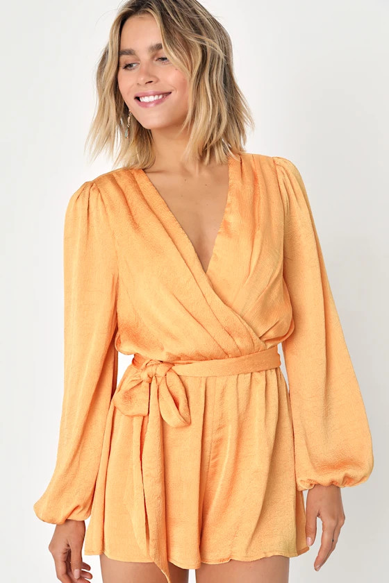 Miami Vibe Orange Crinkled Backless Balloon Sleeve Romper | Lulus (US)
