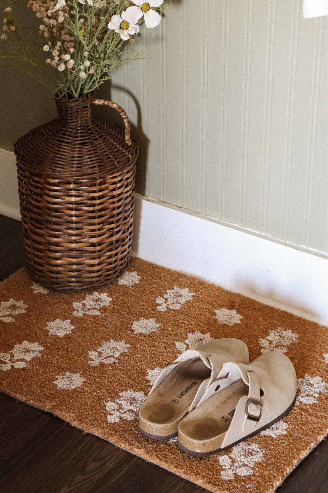 A simple spring diy 🤍 I used an old door mat and white paint I had leftover from a project and made a  little stencil from some old paint chips. 

#LTKhome #LTKSeasonal