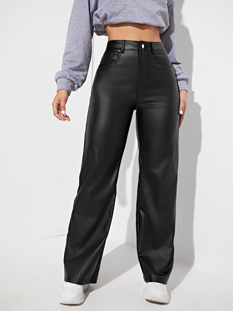 High Waist Straight Leg Leather Look Jeans | SHEIN