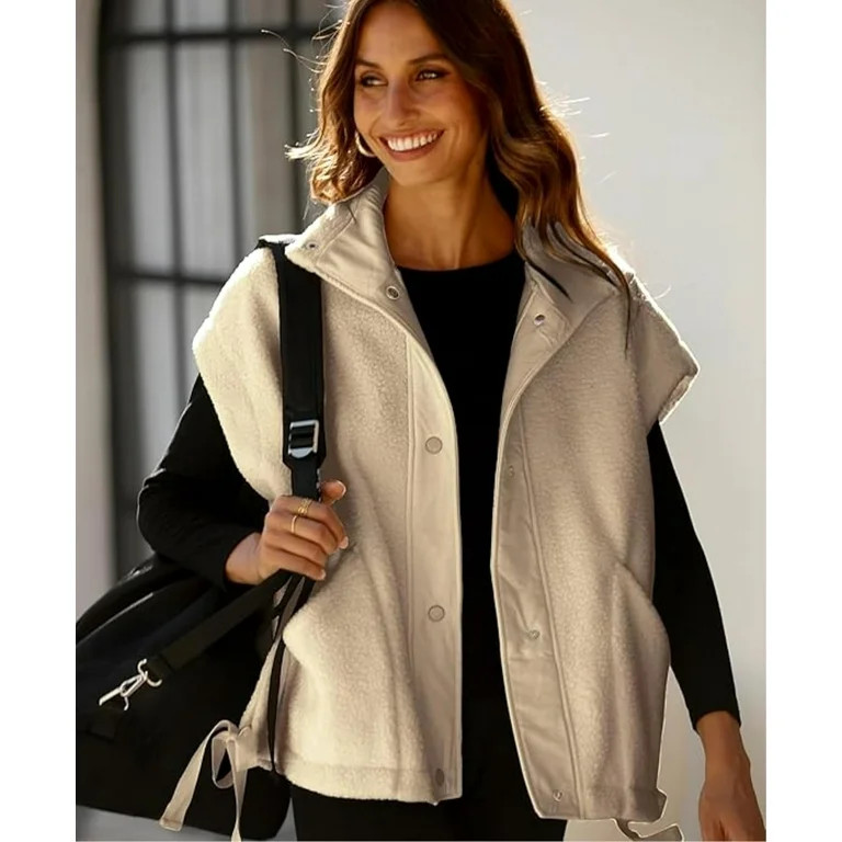 Women's Fuzzy Fleece Vest Oversized Sleeveless Sherpa Jacket Warm Button Down Gilet Outerwear wit... | Walmart (US)