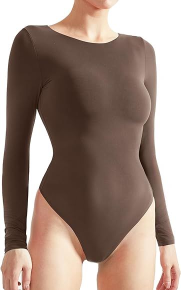 SUUKSESS Women Crew Neck Long Sleeve Bodysuit Sexy Thong Bodysuit Shirts | Amazon (US)