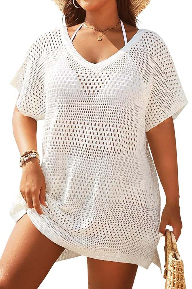 Yonique Plus Size Swimsuit Cover Up - Crochet Swim Cover Up 2025 Bathing Suit Short Sleeve Beach ... | Amazon (US)