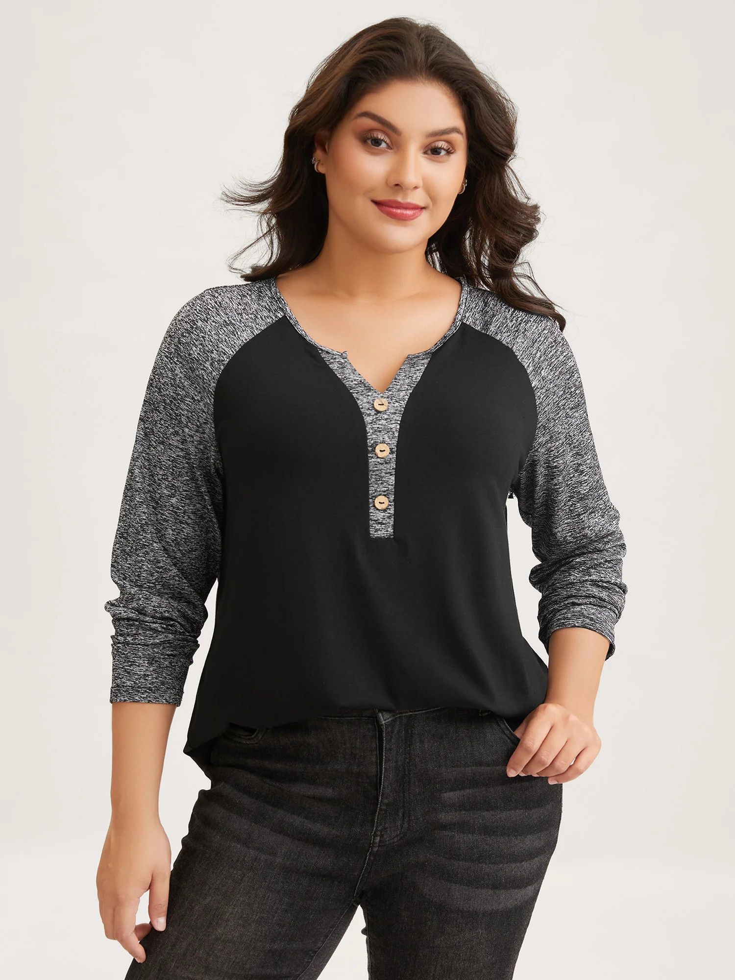 Heather Patchwork Button Detail Stretchy T-Shirt | Bloomchic