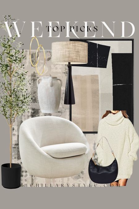 Weekend Top Picks Home & Fashion: Accent Chair, Area Rug, Lamp, Wall Art, Sweater Dress, Purse, Gold Hoop Earrings, Artificial Faux Tree, Lamp, Planters & Vases.

#LTKhome #LTKSeasonal #LTKstyletip