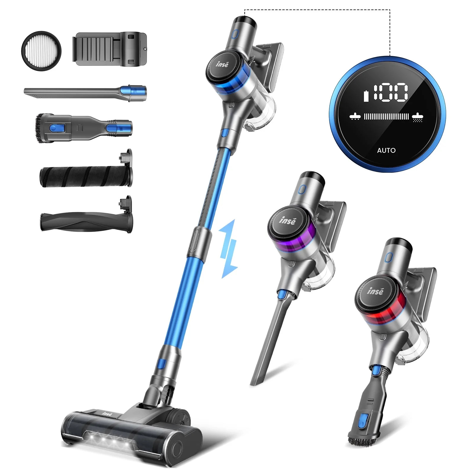 INSE Cordless Vacuum Cleaner, 55min Max Runtime, 400W/30Kpa Rechargeable Stick Vacuum with LED Di... | Walmart (US)