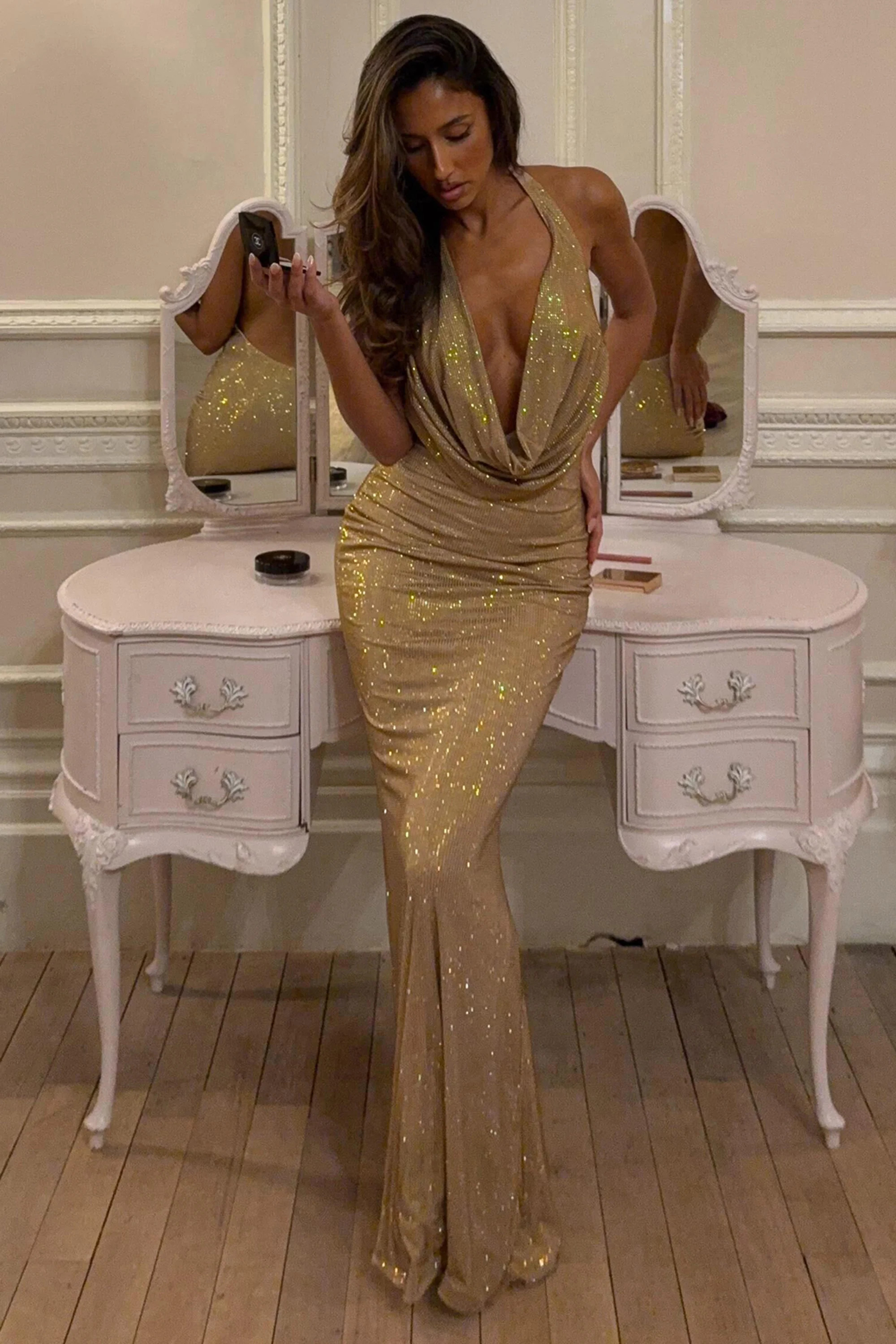 Embellished Cowl-Neck Backless Gown in Gold | Oh Polly