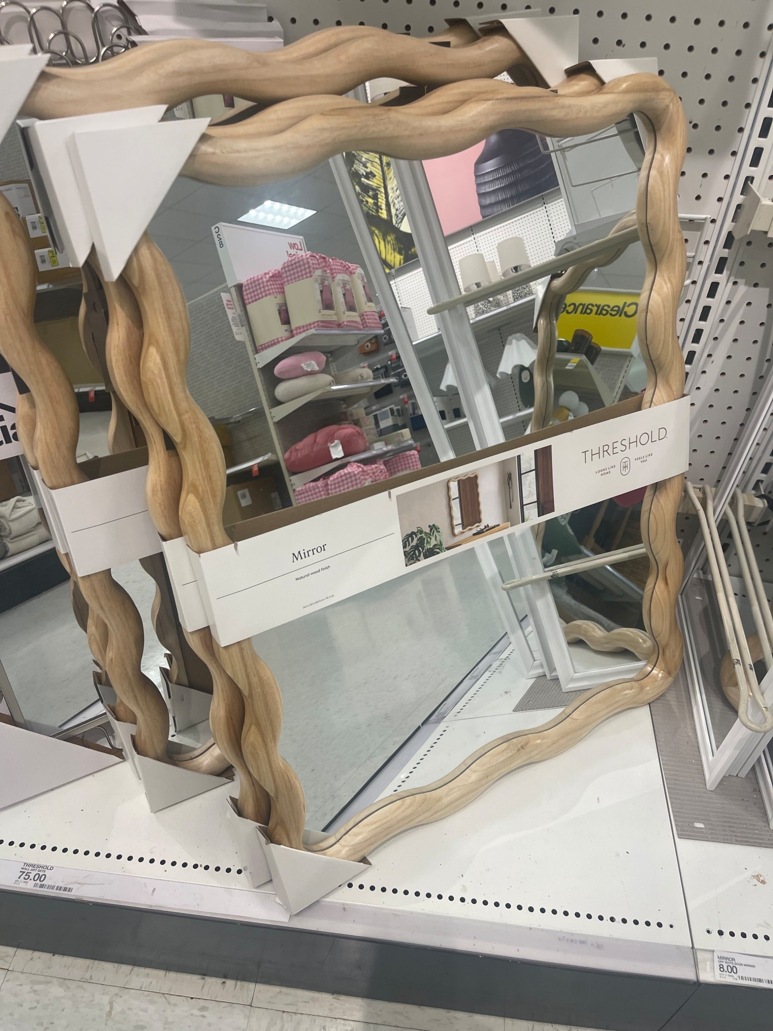 Wooden scalloped mirror 

Mirror, neutral mirror, wooden mirror, bathroom, mirror, entryway, mirror, accent mirror