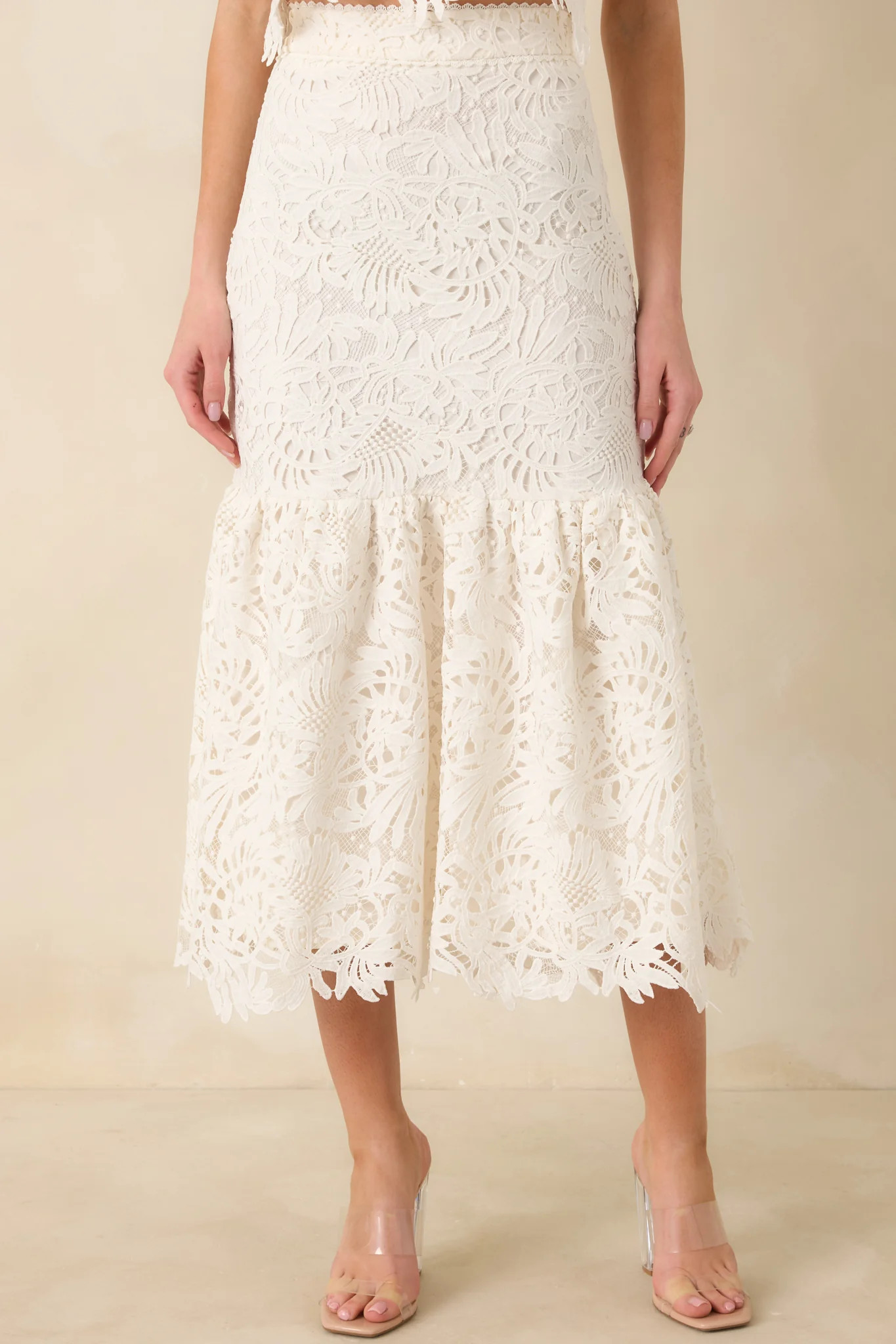 Forever Begins Ivory Floral Lace Midi Skirt | Red Dress