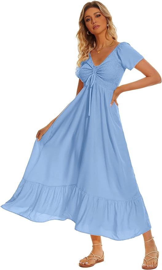 Women's Summer Floral Maxi Dress Casual Short Sleeve Flowy Boho Beach Party Long Dress | Amazon (US)