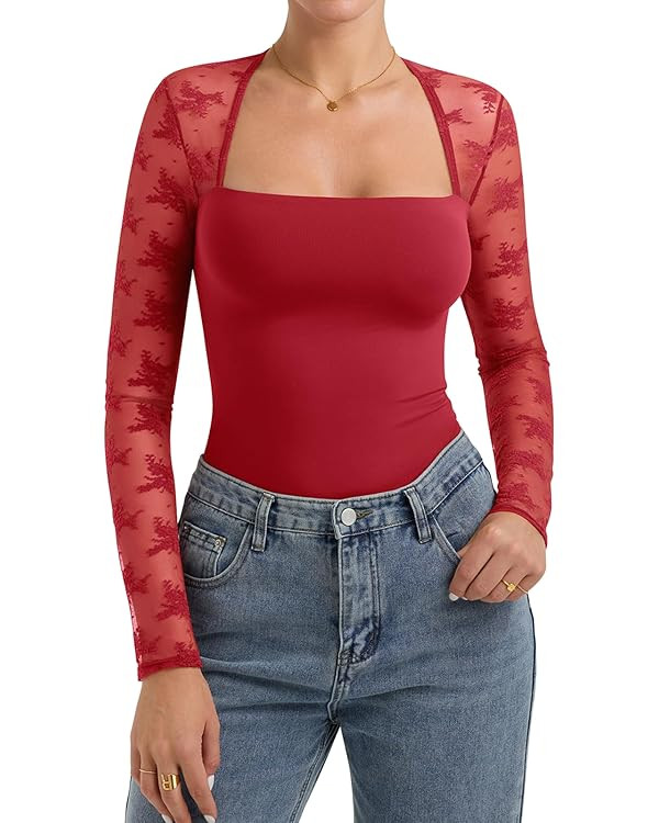 PINKMSTYLE Women Sexy Square Neck Lace Long Sleeve Tops Slim Fit Double Lined Trendy Y2K Going Ou... | Amazon (US)