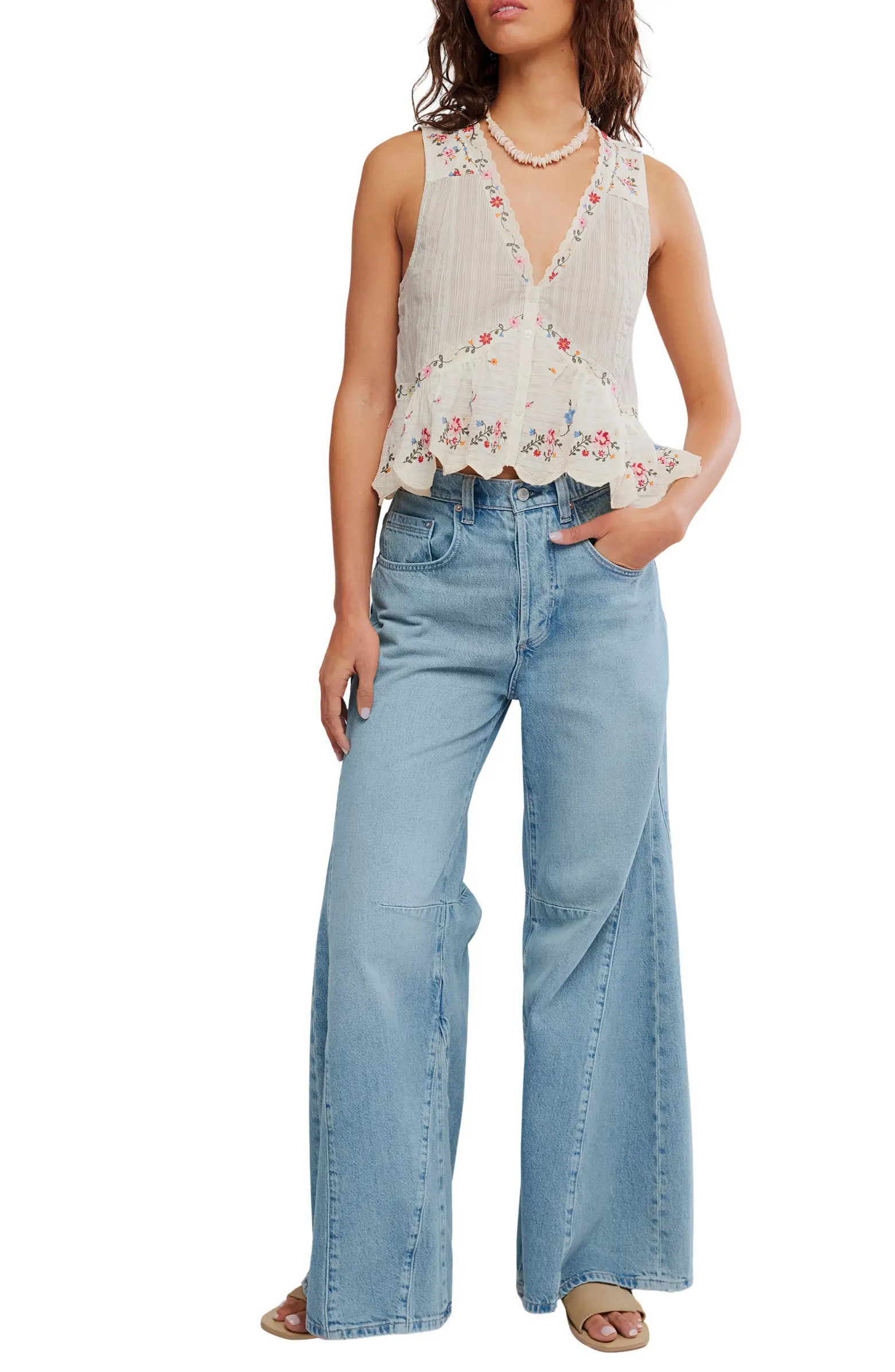 Free People Ellis Embroidered Cotton Button-Up Top | Nordstrom | Nordstrom