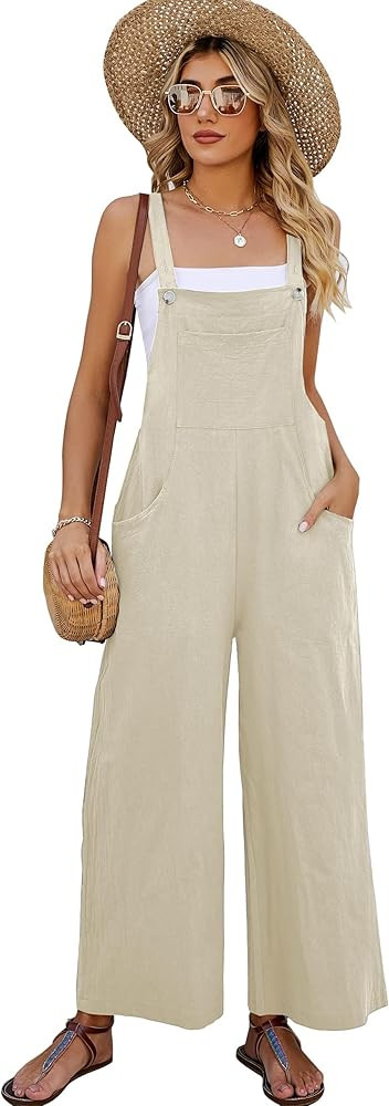Women's Cotton Bib Overalls Wide Leg Loose Fit Jumpsuit Baggy Fashion Sleeveless Rompers | Amazon (US)