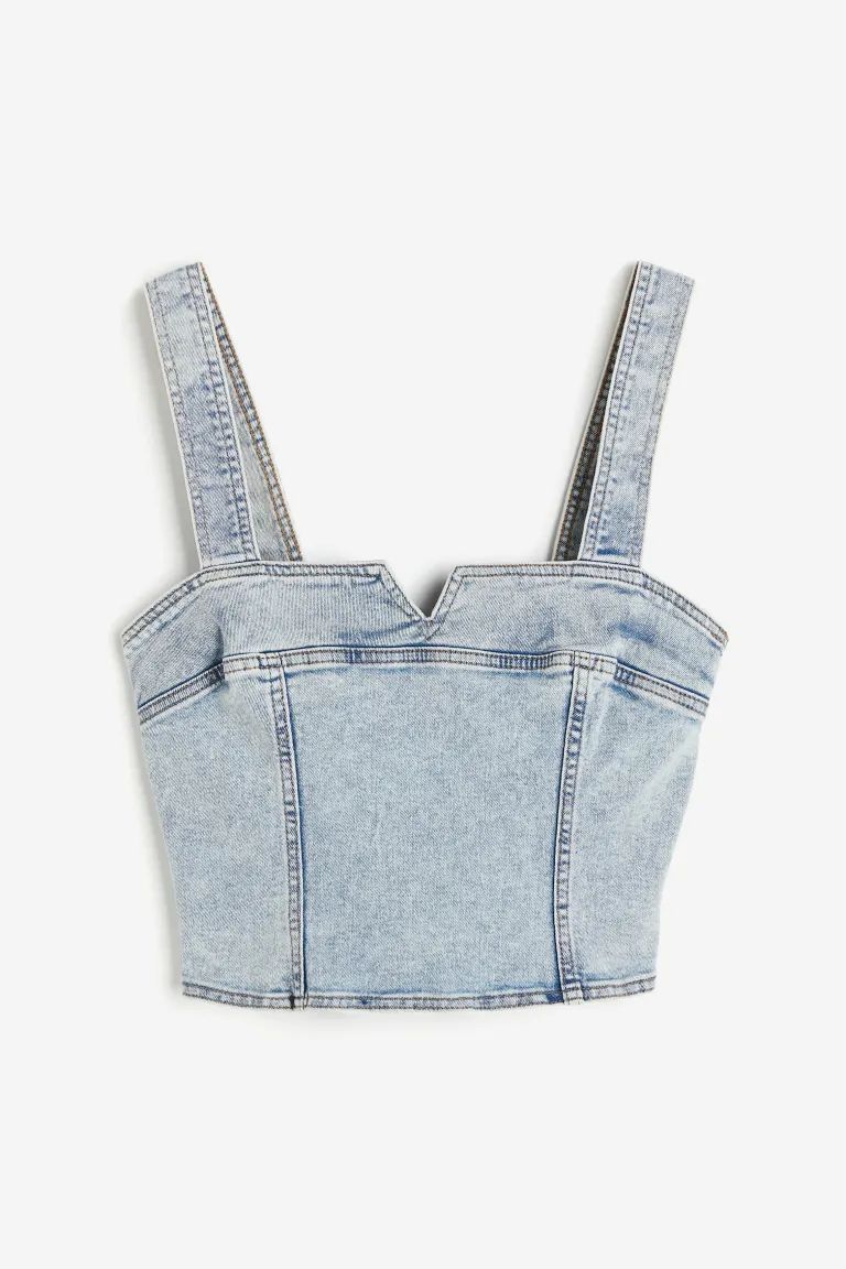 Denim Corset-style Top - Square Neckline - Sleeveless - Pale denim blue - Ladies | H&M US | H&M (US + CA)