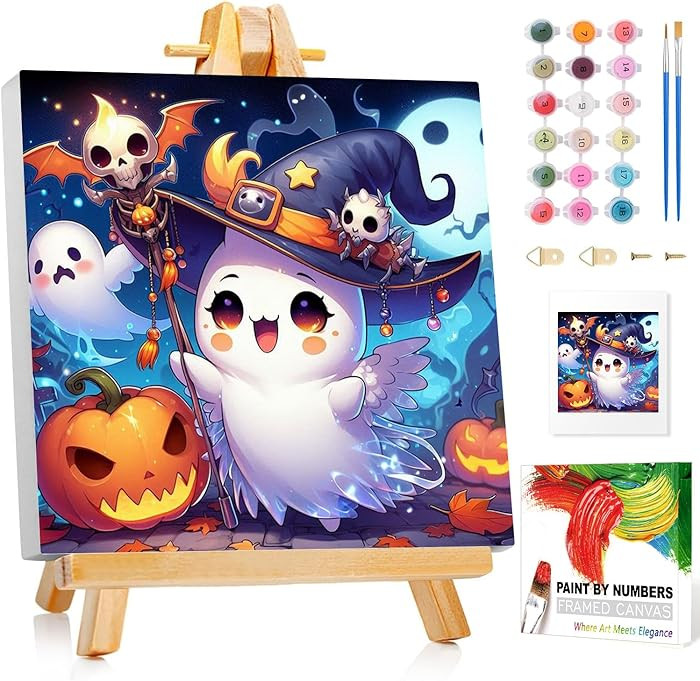 Reivworl Ghost Paint by Numbers Kit for Kids, Ghost Paint by Number with Frame and Easel, Paint b... | Amazon (US)