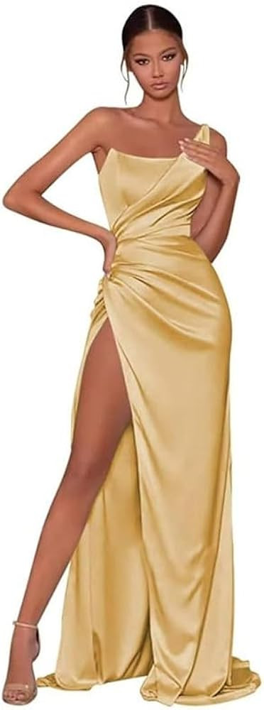 LNBEDFTG One Shoulder Satin Bridesmaid Dresses with High Slit Pleated Prom Dress Formal Evening G... | Amazon (US)
