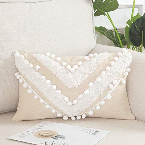 Sungea Decorative Lumbar Throw Pillow Cover, 12 x 20 Boho Pompoms Pillowcase Neutral Collection Tuft | Amazon (US)