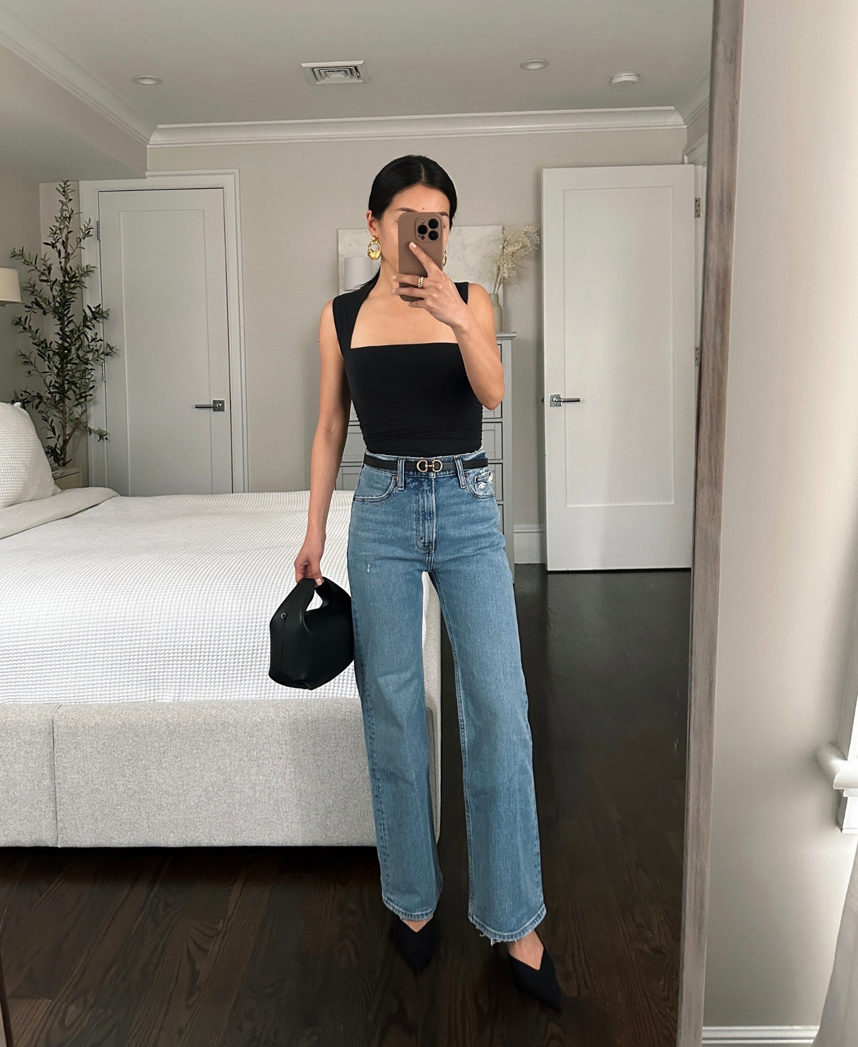 My outfit is on sale and code AFLTK gets an extra discount! Jeans are now $55

• Abercrombie Ava top xxs - a perfect simple black tank to dress up or down. Worn with nippies

• AF 90's relaxed jeans in an older medium wash, size 24 extra short. 
These have a 27" inseam.

• Polene beri bag

• edited pieces reversible belt xxs 

Petite friendly, denim outfit, dinner outfit

#LTKFallSale #LTKPetite #LTKSaleAlert