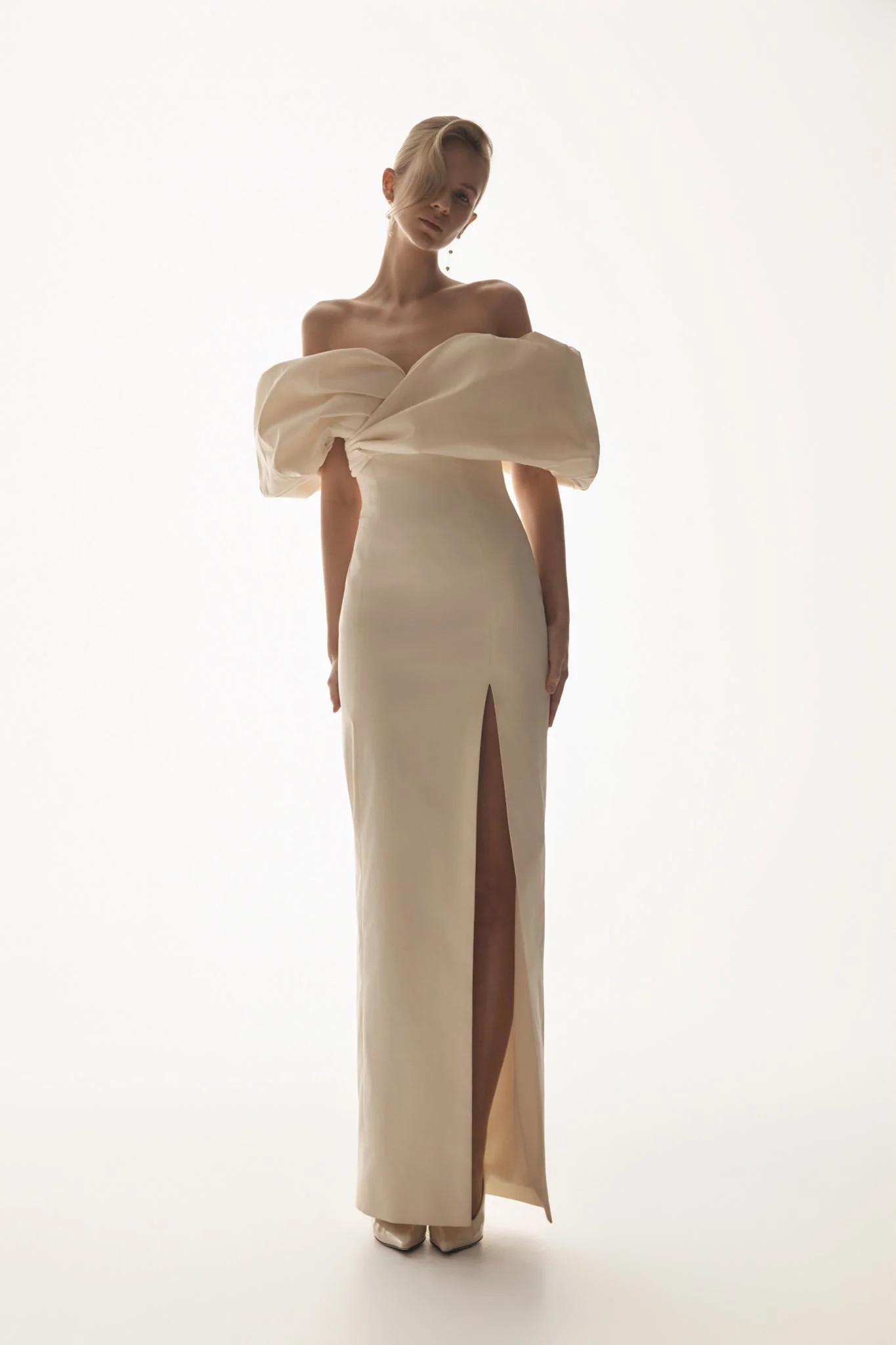 Angelica Taffeta Off Shoulder Bridal Gown - Soft Beige | Meshki UK