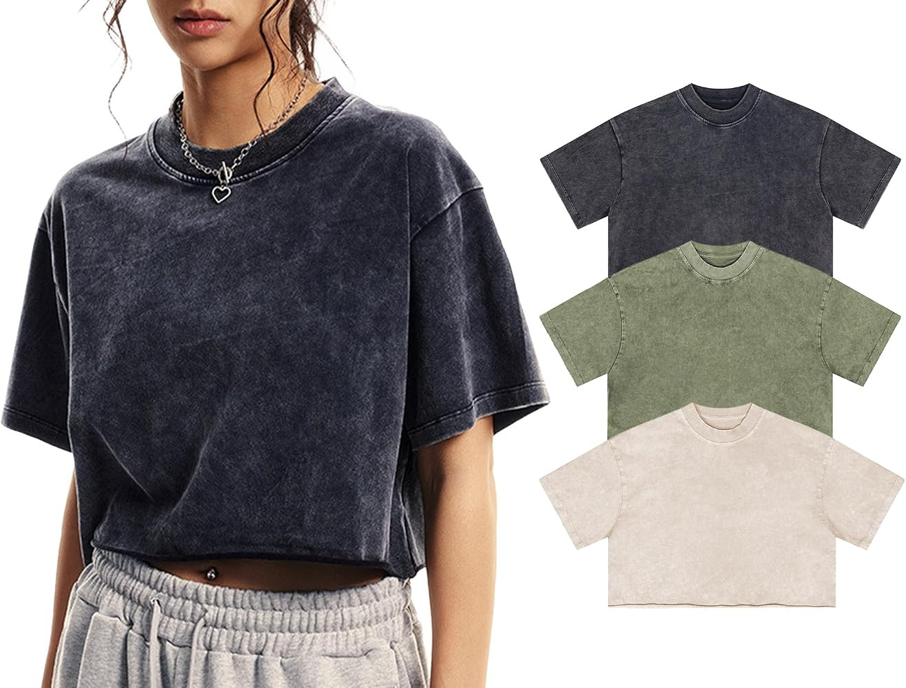 Womens Oversized Vintage T Shirts Casual Cropped Tees Short Sleeve Cotton Acid Wash Tops Summer G... | Amazon (US)
