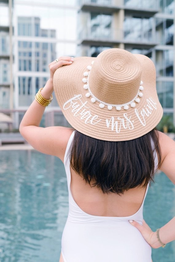 Custom White Pom Pom Floppy Beach Hat // Bachelorette Trip - Etsy | Etsy (US)
