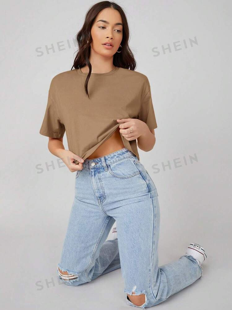 SHEIN BASICS Drop Shoulder Solid Crop Tee | SHEIN