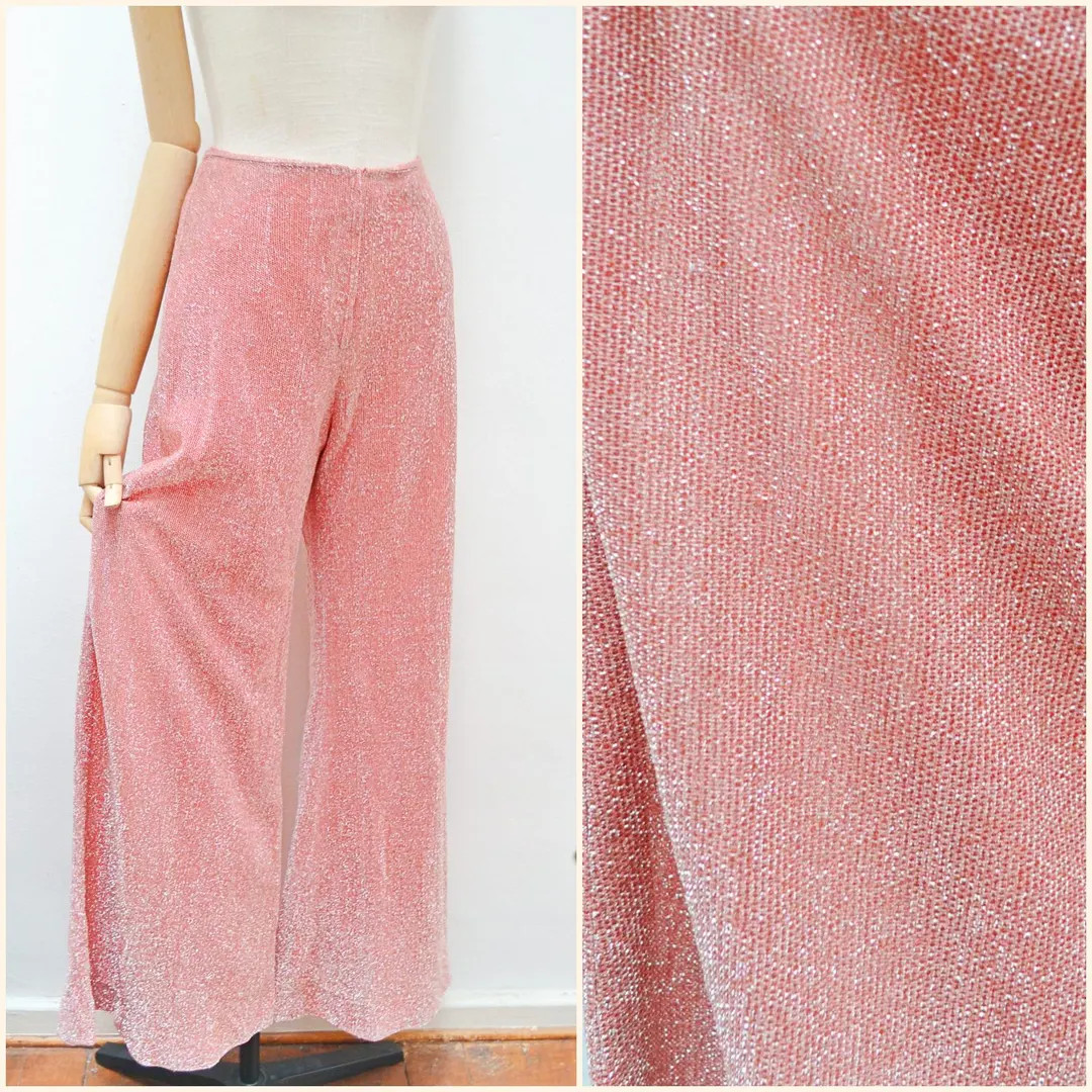 1970s Lurex pink palazzo pants, 70s Wide leg evening trousers, Sparkly party wear - XS | Etsy (US)