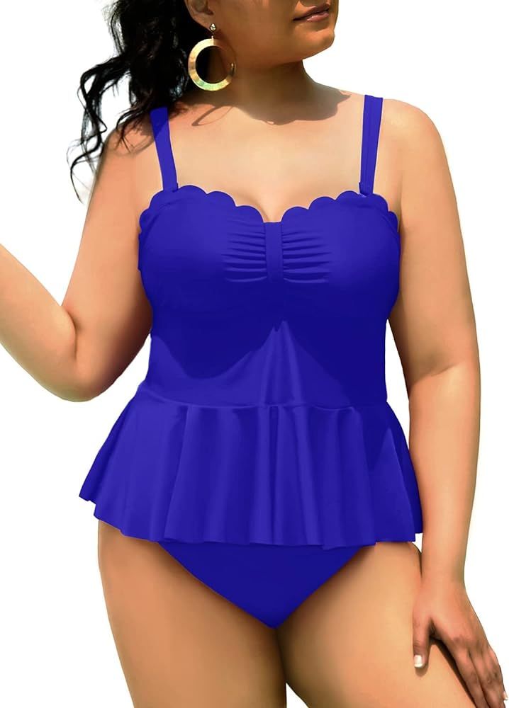 Yonique Women Plus Size 2 Piece Tankini Swimsuits Tummy Control Bathing Suits Peplum Swimwear Sca... | Amazon (US)