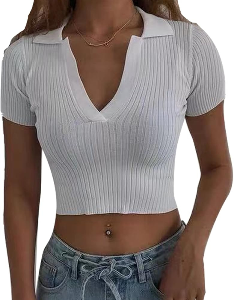 Hyipels Women's Crop Top Polo Shirts Summer Collor Female T-Shirt Short Sleeve Ribbed Solid Sexy ... | Amazon (US)