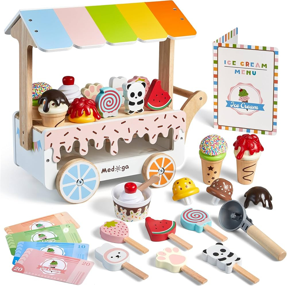 Wooden Ice Cream Cart Toy Playset with Ice Cream Toys Pretend Play Food Truck Play Kitchen Access... | Amazon (US)