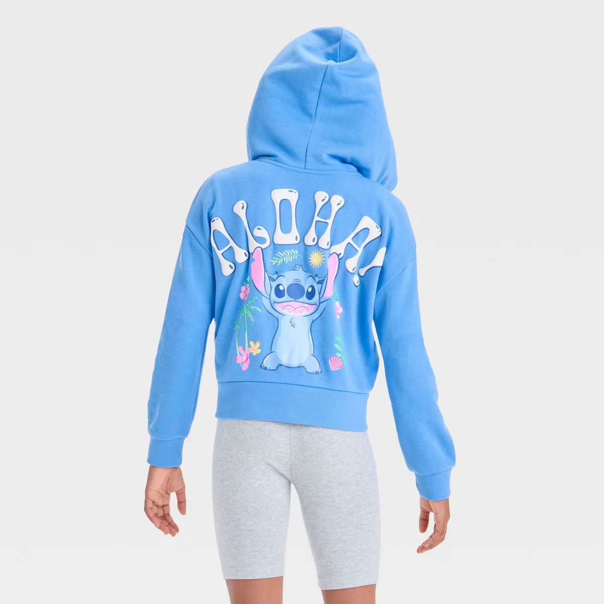 Girls' Disney Stitch Aloha Embroidered Terry Hooded Zip-Up Sweatshirt - Blue | Target
