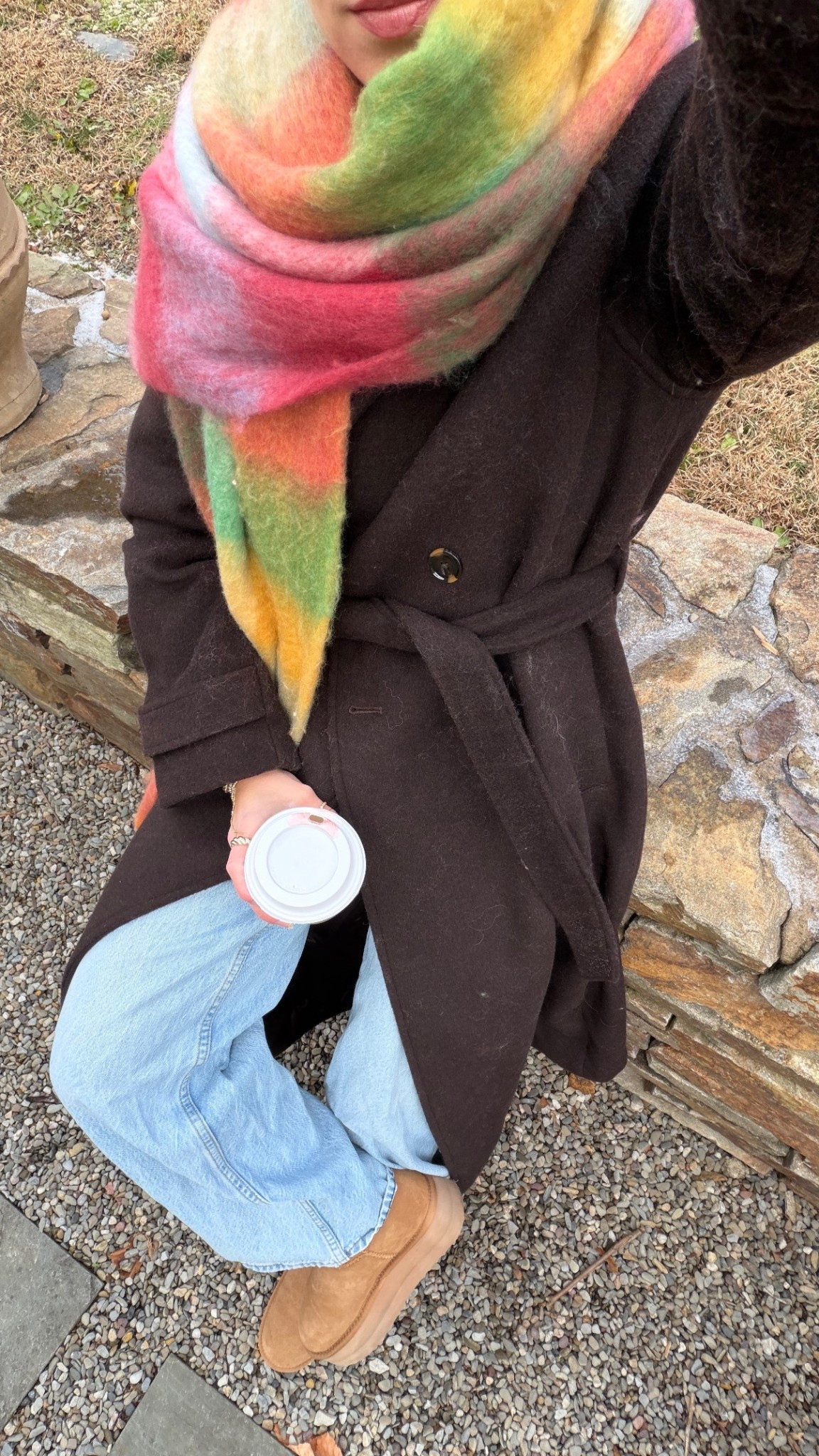 12/4/25 my casual bundled-up winter outfit of the day, linking my platform UGG-mini dupes from Amazon (so warm + comfy), my Abercrombie ultra-loose jeans, my Abercrombie brown wool jacket, my colorful Amazon blanket scarf that pulls the whole look together, my Amazon earrings, and my Amazon square blue-light glasses — the perfect cozy-practical winter uniform.

#LTKootd #LTKHoliday #LTKGiftGuide