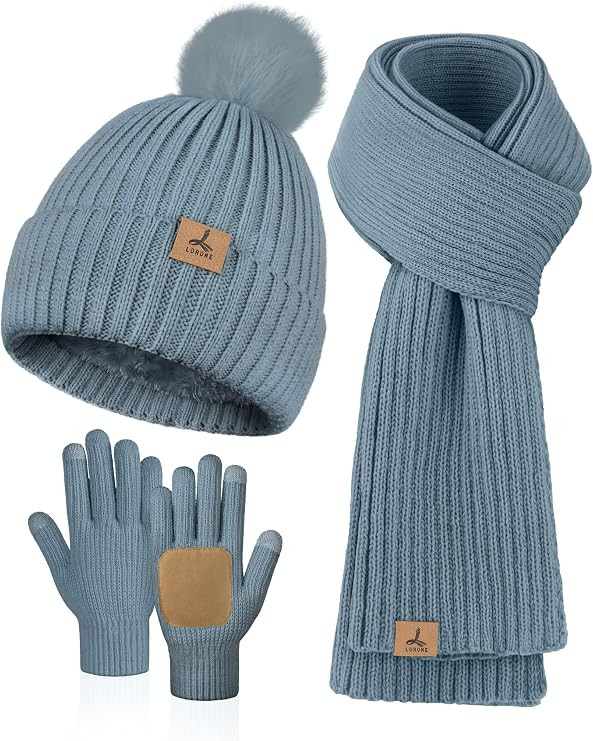 LOROME Women Winter Beanie Hat Scarf Gloves Set, Fleece Knitted Pompom Hat Warm Neck Scarf Touchs... | Amazon (US)
