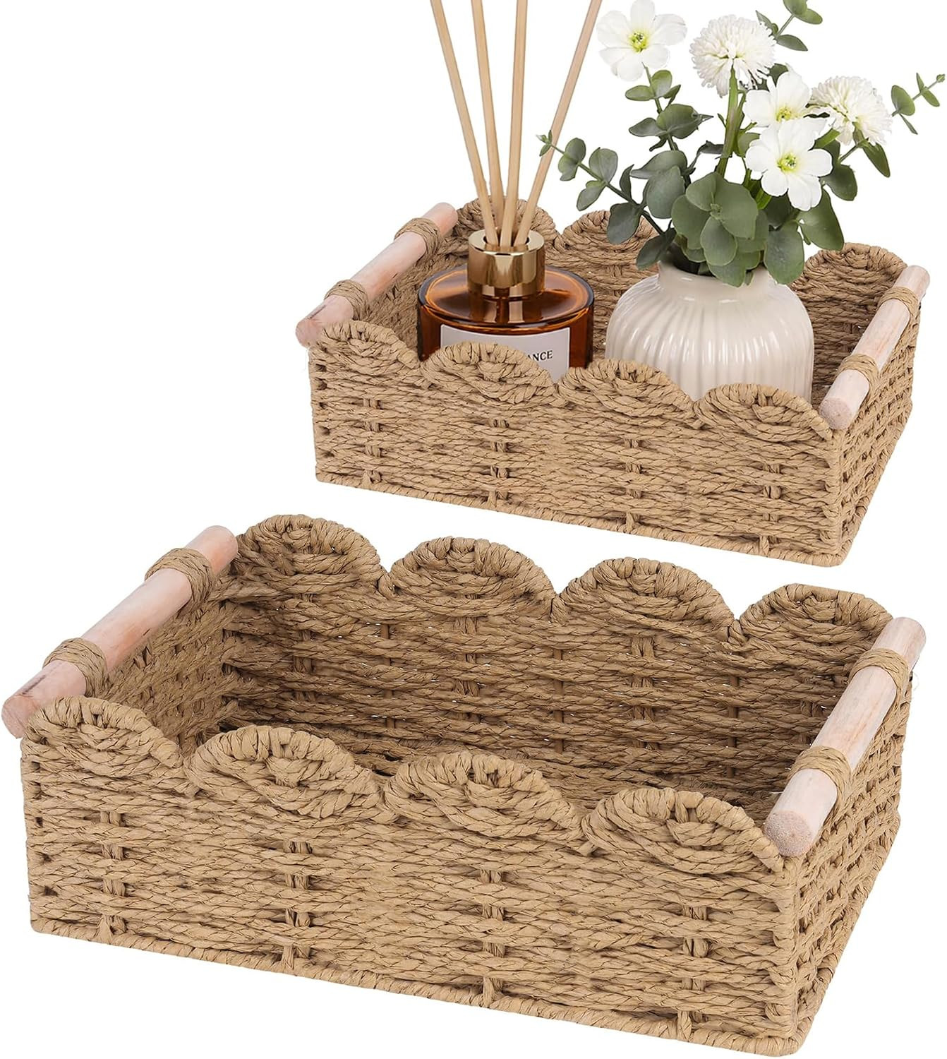 iEGrow Paper Rope Small Storage Baskets for Organizing, Set of 2 Scalloped Edge Wicker Basket with Wooden Handles Toilet Paper Basket for Over Toilet Storage Shelf, Home Decor, Living Room (Neutral) | Amazon (US)