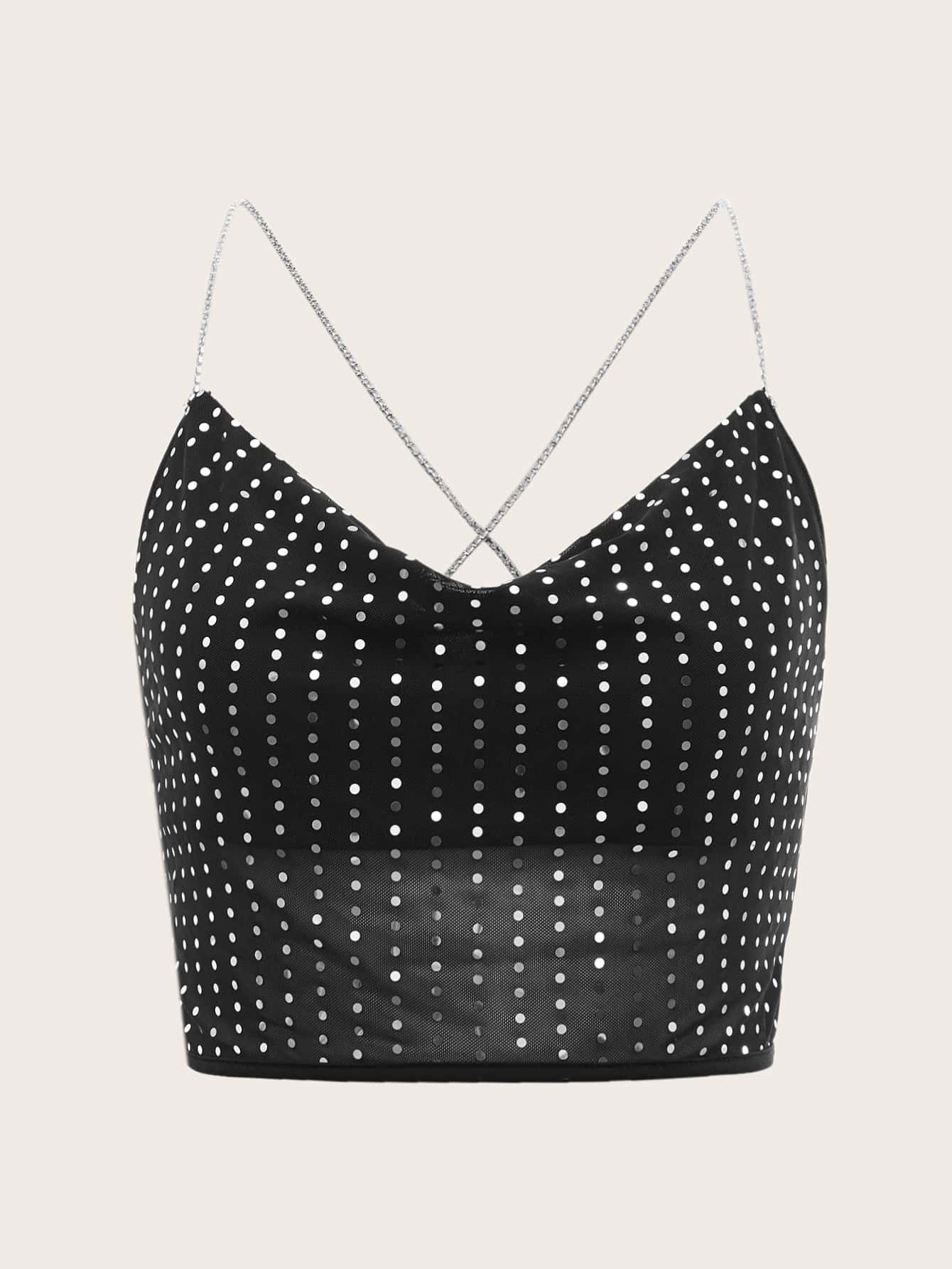 SHEIN Sequin Decor Rhinestone Crisscross Back Cami Top
   SKU: sw2203155801653633      
         ... | SHEIN