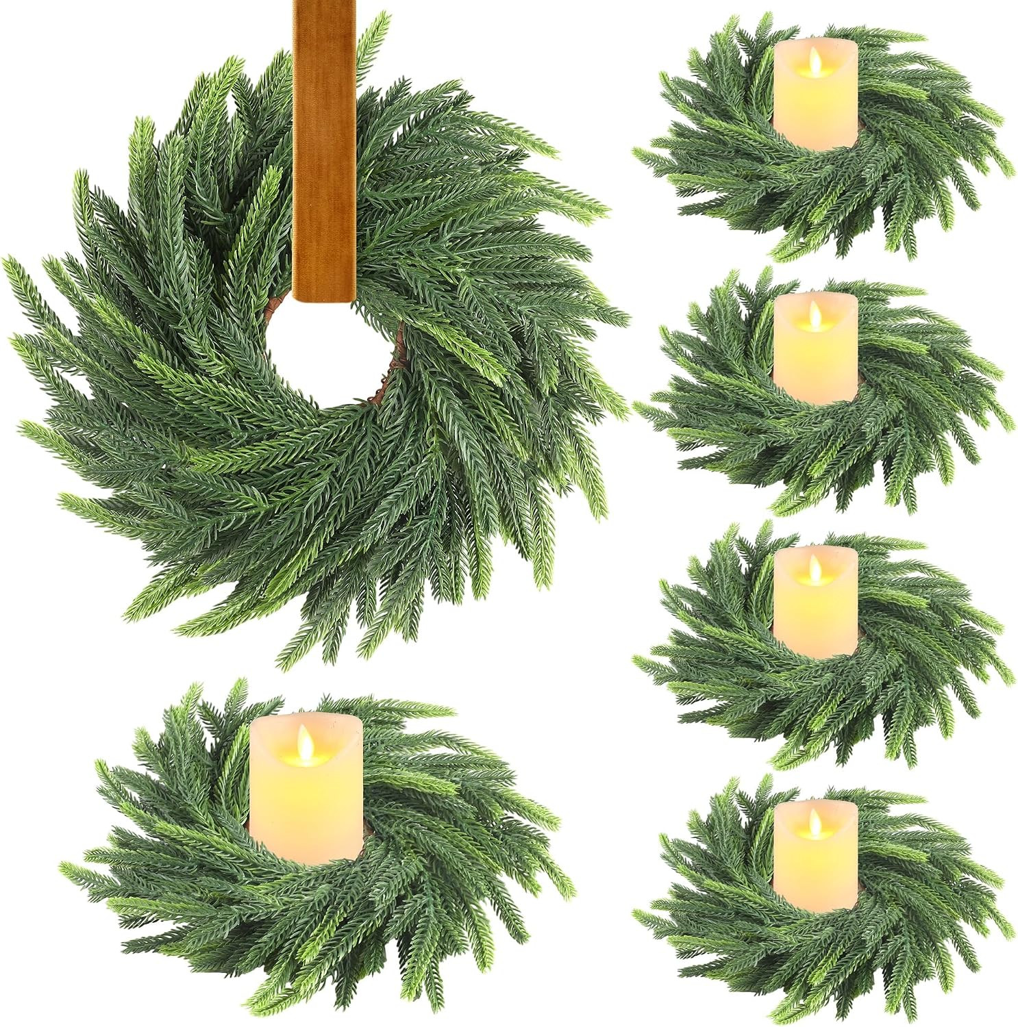 Aneco 6 Pieces Christmas Candle Ring Wreath with Ribbon Mini Wreaths Outer Diameter 6 Inch Artificial Norfolk Green Pine Wreath Garland Candlestick for Xmas Wedding Decor Home Table Centerpiece | Amazon (US)