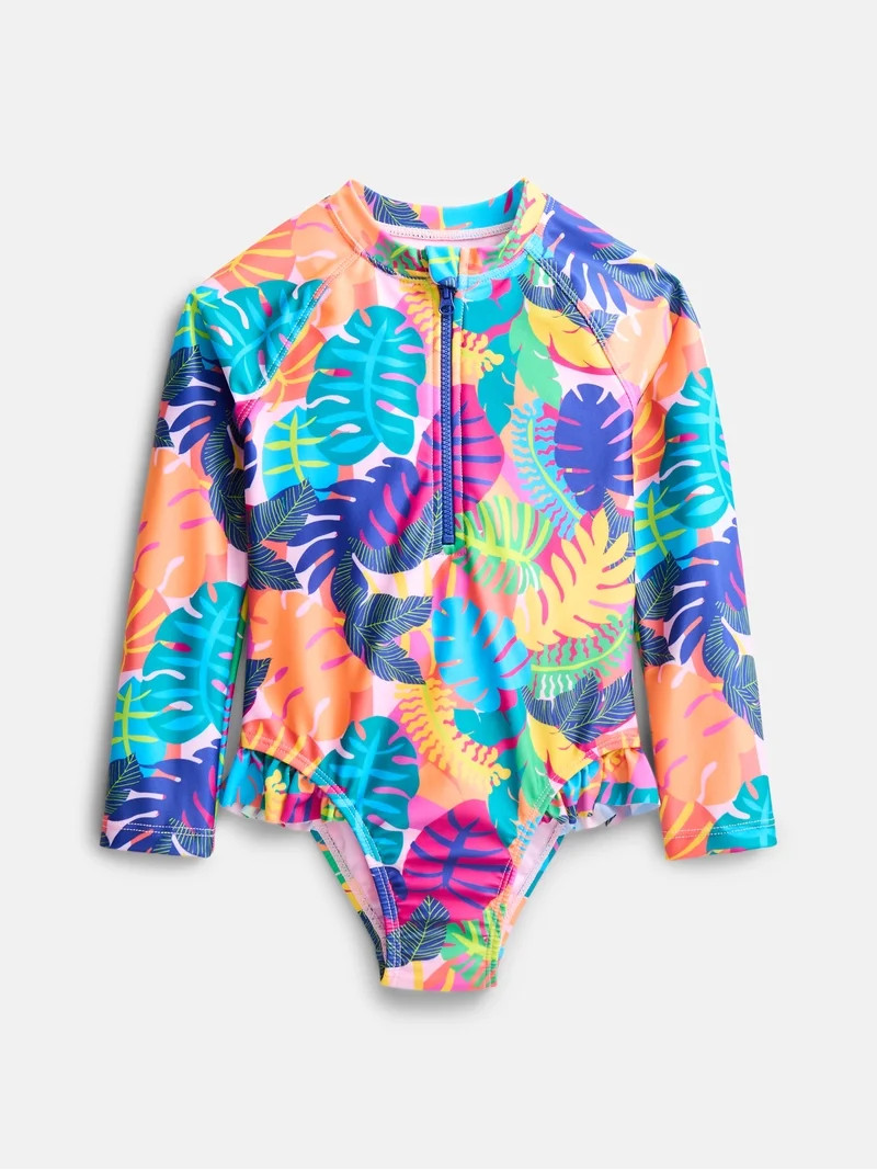 Wonder Nation Baby and Toddler Girls Zip Rash Guard Swimsuit with Long Sleeves, Sizes 12M-5T | Walmart (US)