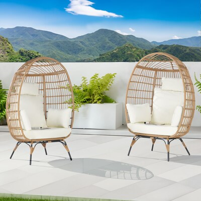 SANSTAR Patio Chairs Set of 2 Wicker Brown Wicker Frame Stationary Egg Chair with Off-white 220Gs... | Lowe's