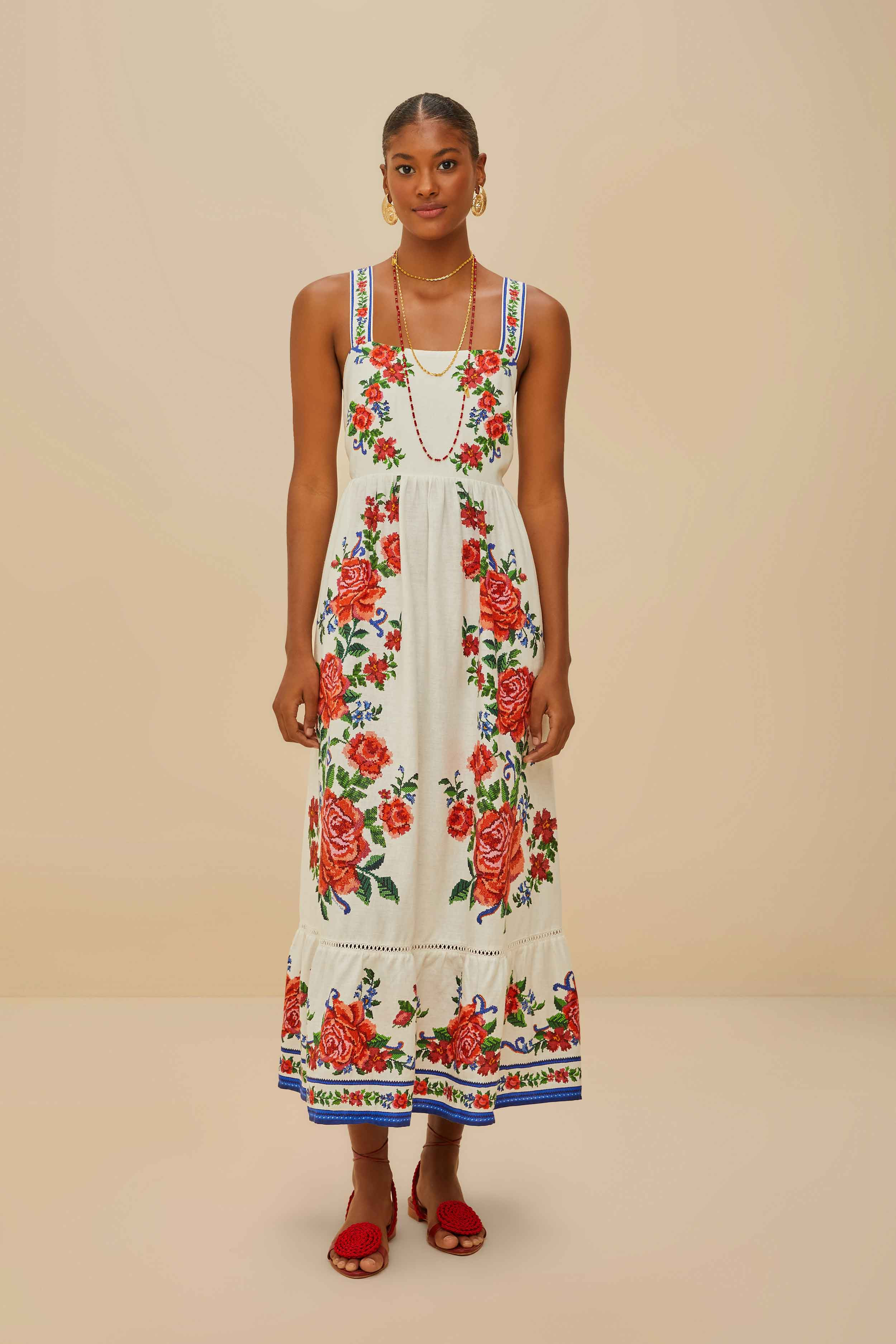 Off-White Flower Tapestry LENZING™ ECOVERO™ Euroflax™ Maxi Dress | FarmRio (US)