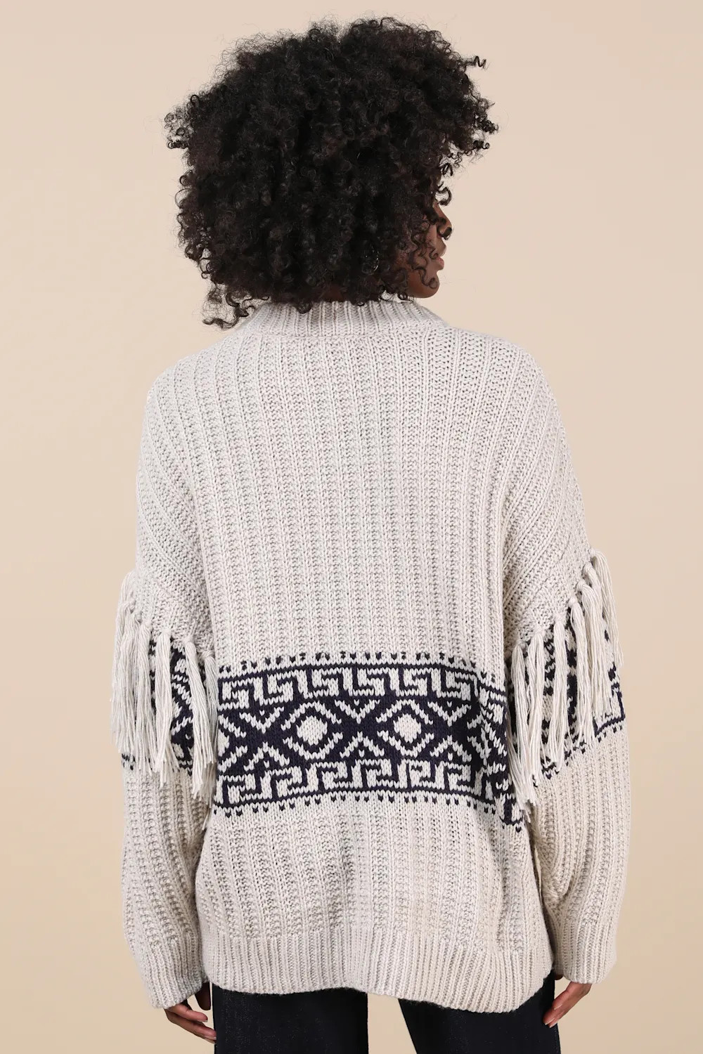 Modern Coziness Light Grey Fair Isle Fringe Oversized Sweater | Lulus